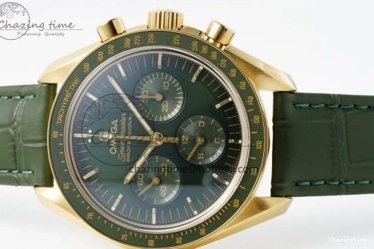 0205 Speedmaster Moonwatch in Moonshine Gold YG RMF Best Edition Green Dial on Green Leather Strap Manual Chrono EasyCare 7832